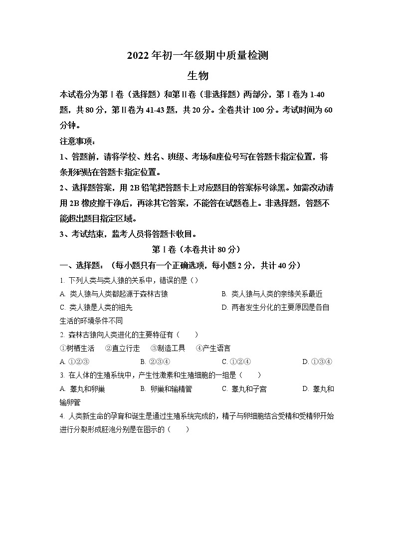 广东省深圳市福田区2021-2022学年七年级下学期期中生物试题01