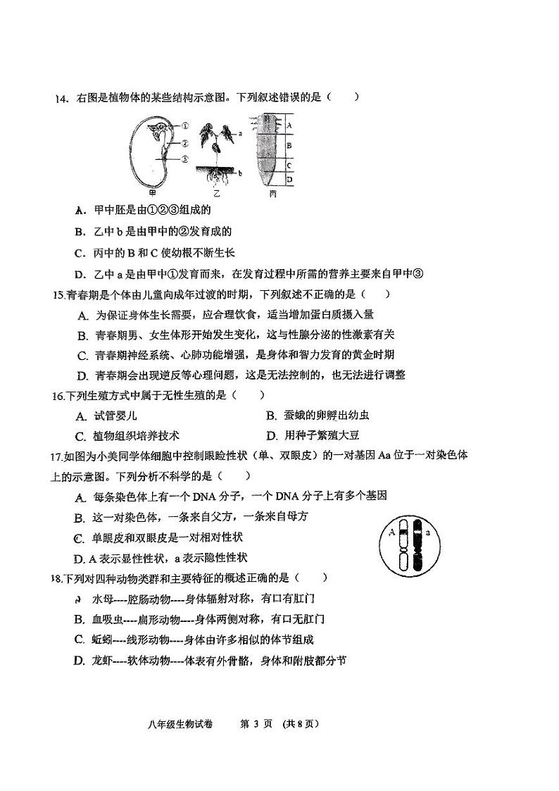 福建省龙岩市新罗区龙岩五中2022-2023学年八年级下学期期中考试生物试卷第3页
