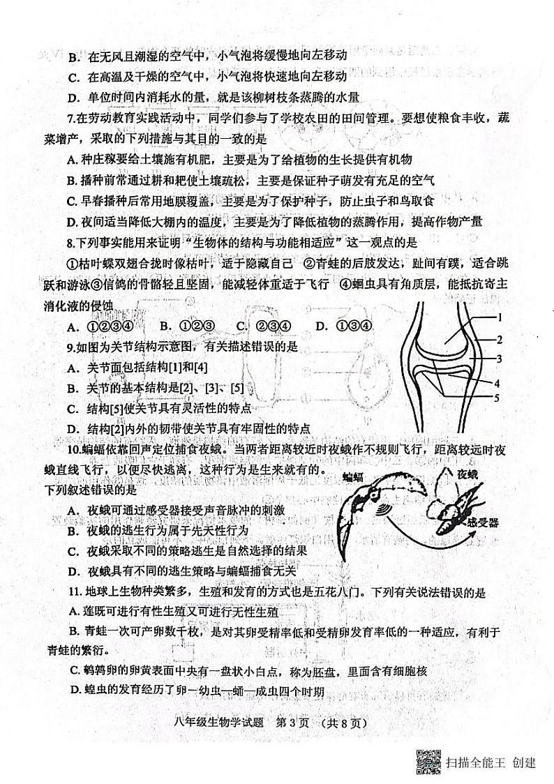 山东省泰安市肥城市2022-2023学年八年级下学期期中考试生物试题03