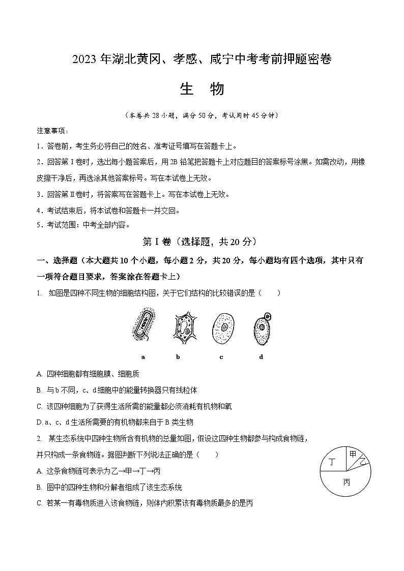 生物(湖北黄冈孝感咸宁卷)(考试版)A4第1页