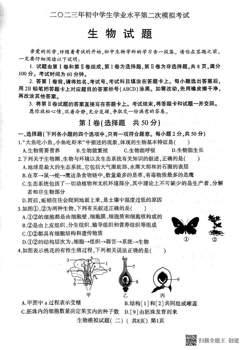 2023年山东省聊城市莘县二模生物试题第1页