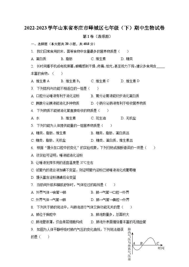 2022-2023学年山东省枣庄市峄城区七年级(下)期中生物试卷(含解析)01