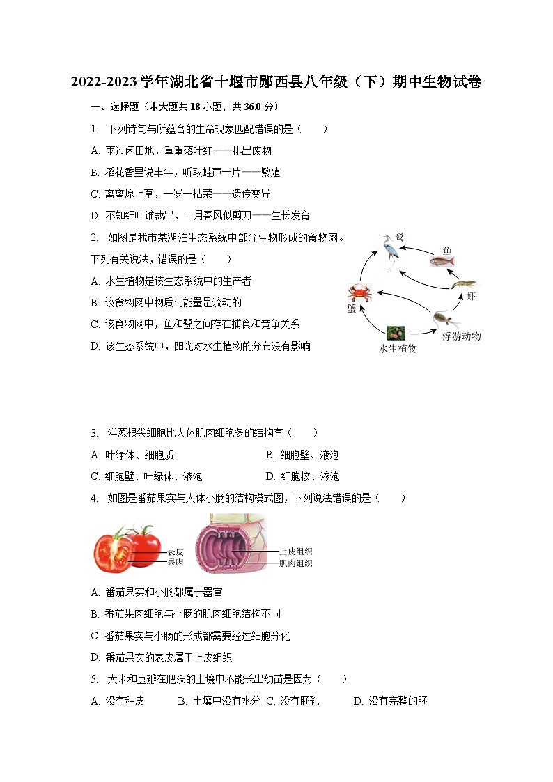 2022-2023学年湖北省十堰市郧西县八年级(下)期中生物试卷(含解析)第1页