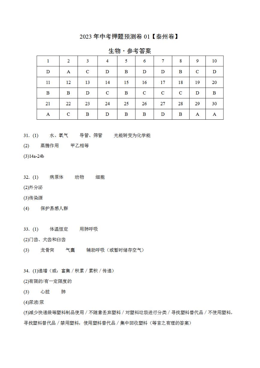 2023年中考押题预测卷01（泰州卷）-生物（参考答案）