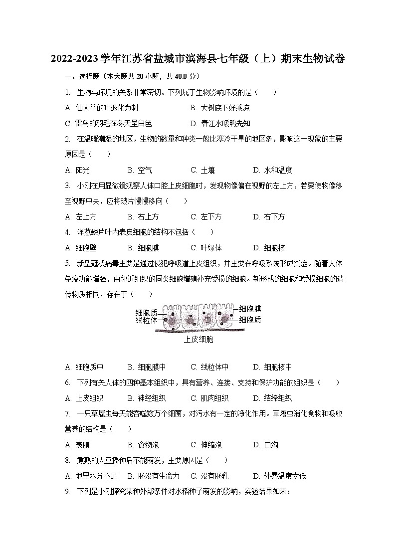 2022-2023学年江苏省盐城市滨海县七年级(上)期末生物试卷(含解析)第1页