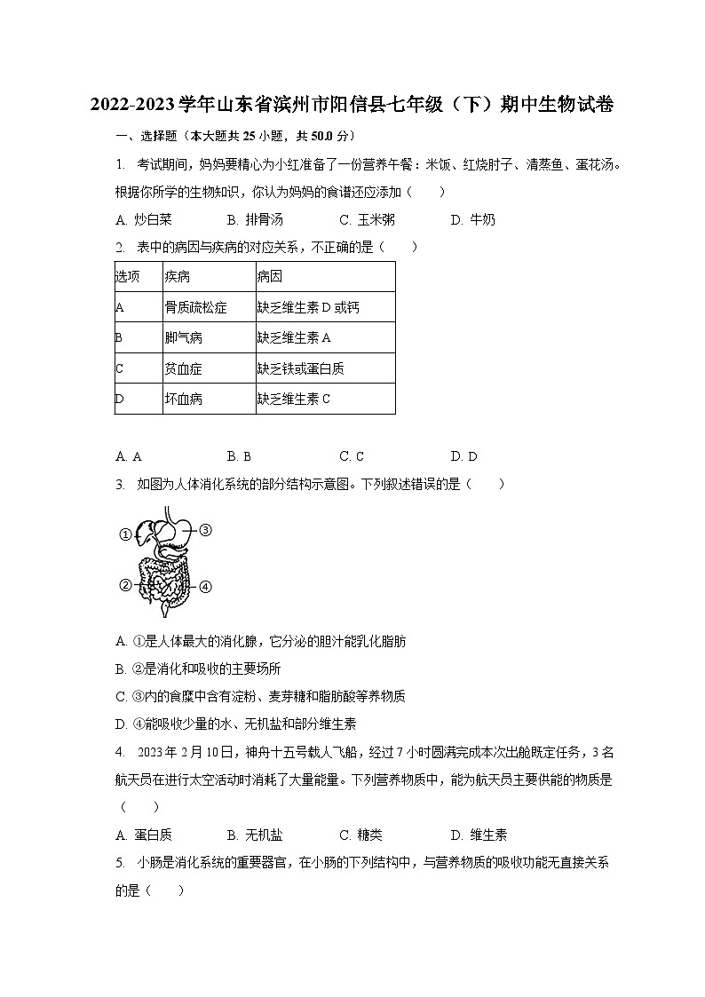 2022-2023学年山东省滨州市阳信县七年级(下)期中生物试卷(含解析)第1页