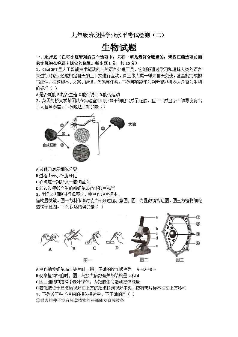 2023年山东省菏泽市牡丹区九年级生物二模试题(含答案)01