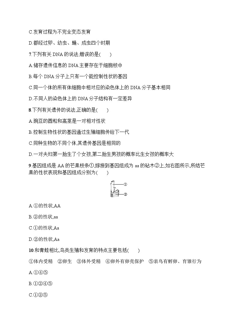 人教版(精编)初中生物八年级下册期中综合训练含答案第2页