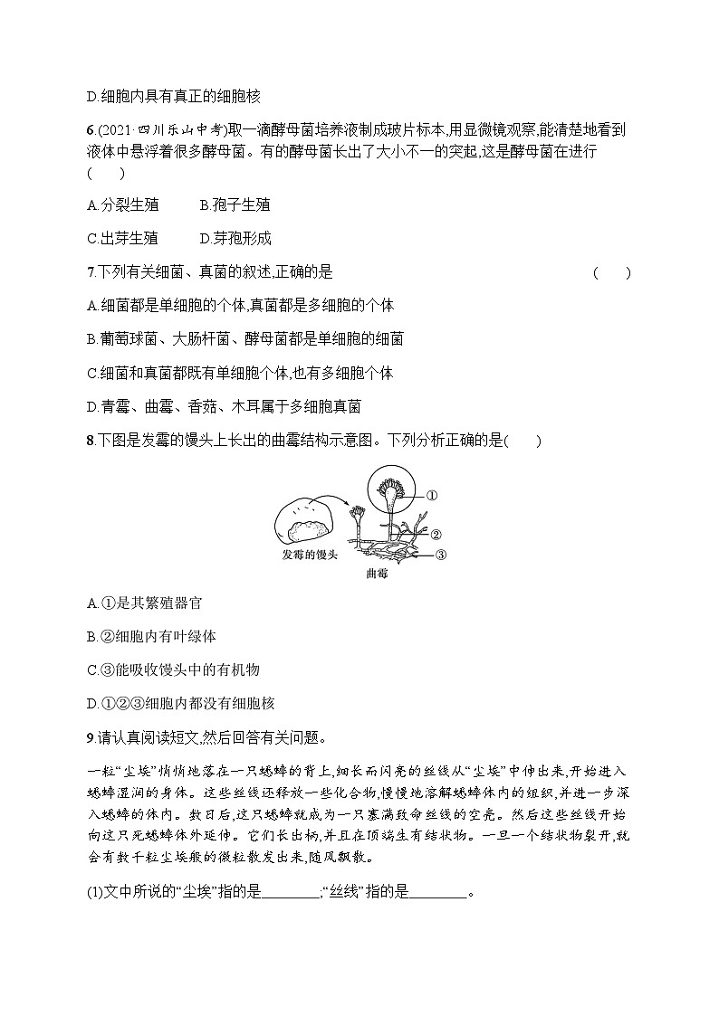 人教版(精编)初中生物八年级上册第5单元生物圈中的其他生物第4章第3节真菌练习含答案第2页
