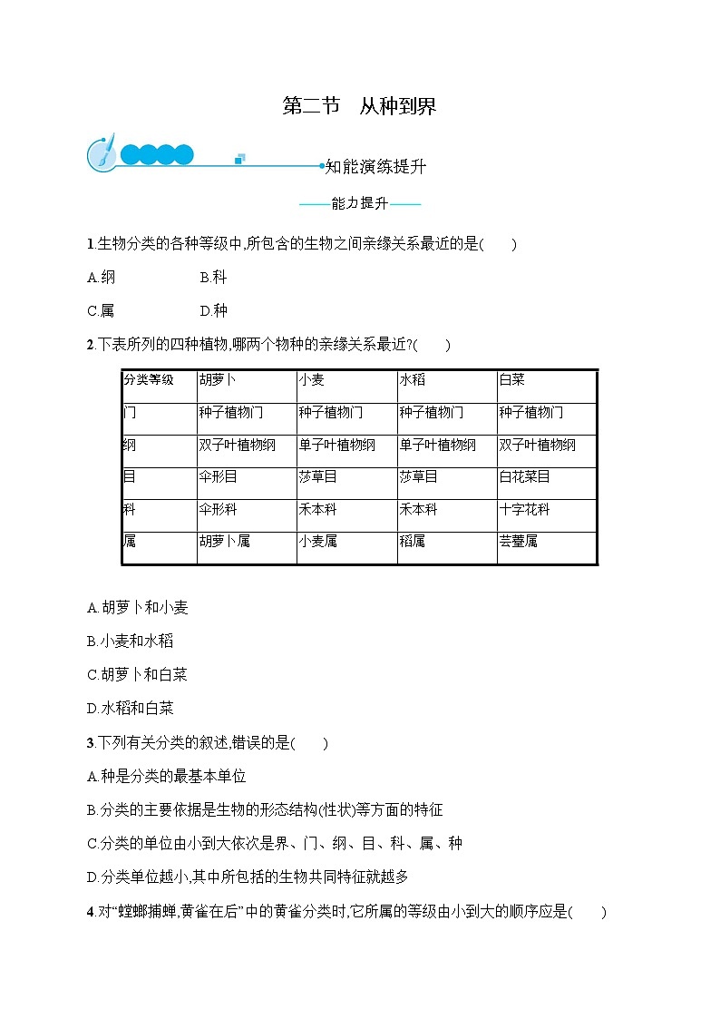 人教版(精编)初中生物八年级上册第6单元生物的多样性及其保护第1章第2节从种到界练习含答案第1页