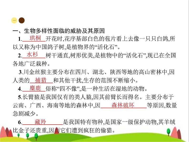人教版初中生物八年级上册第6单元生物的多样性及其保护第3章保护生物的多样性练习课件第2页