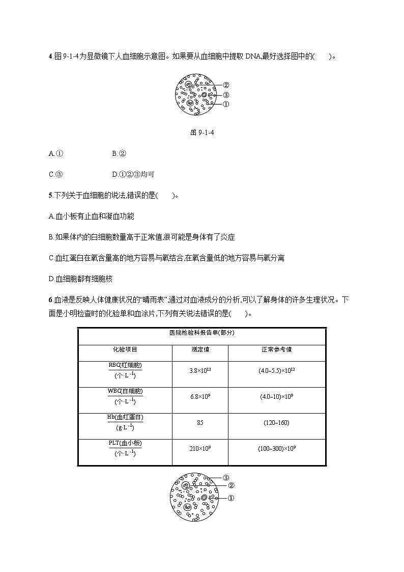北师版初中生物七年级下册第9章人体内的物质运输第1节第1课时血细胞和血浆组成血液练习含答案第2页