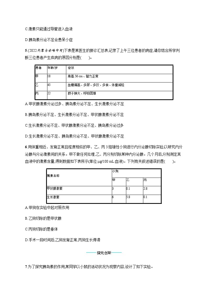 北师版初中生物七年级下册第12章人体的自我调节第3节激素调节练习含答案第2页