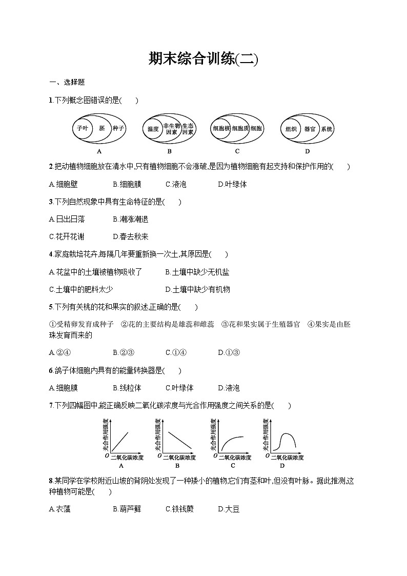 人教版初中生物七年级上册期末综合训练(二)含答案第1页