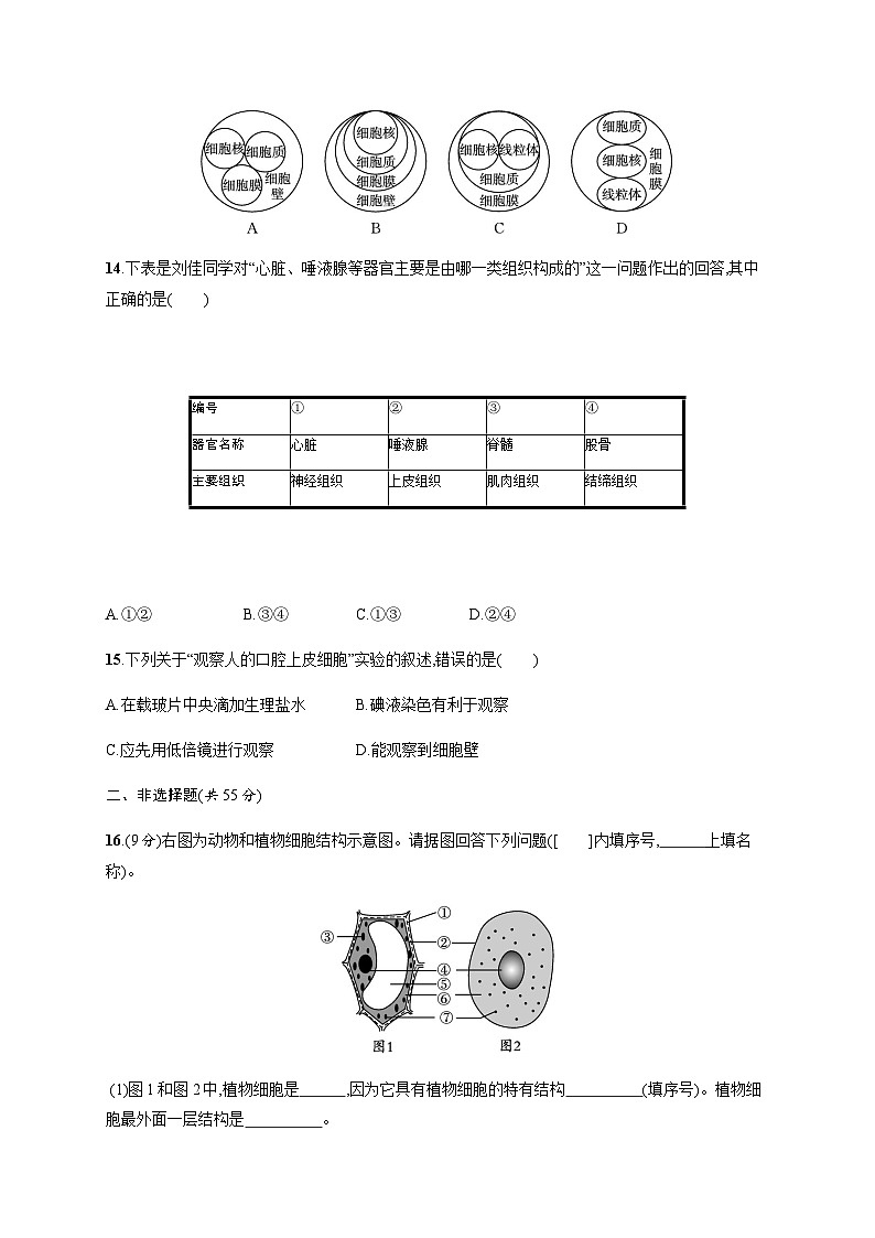 苏教版初中生物七年级上册第2单元测评含答案03