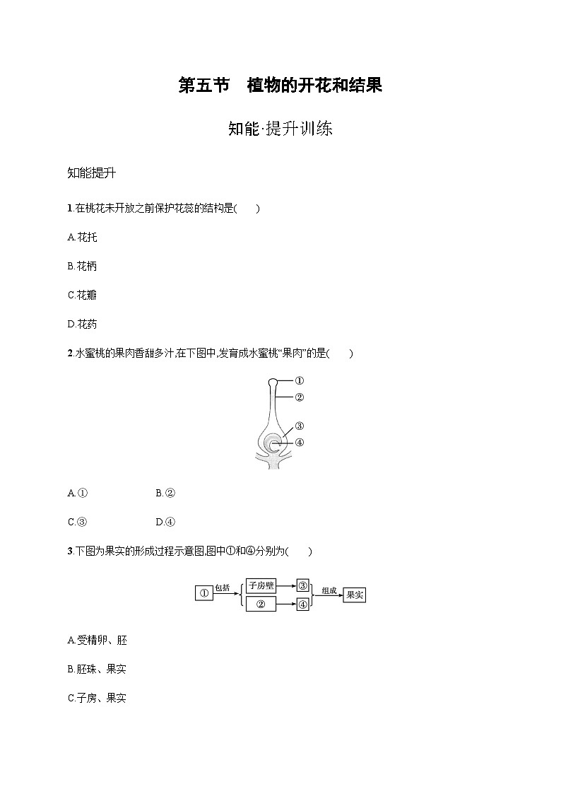 苏教版初中生物七年级上册第3单元第五章第五节植物的开花和结果练习含答案第1页