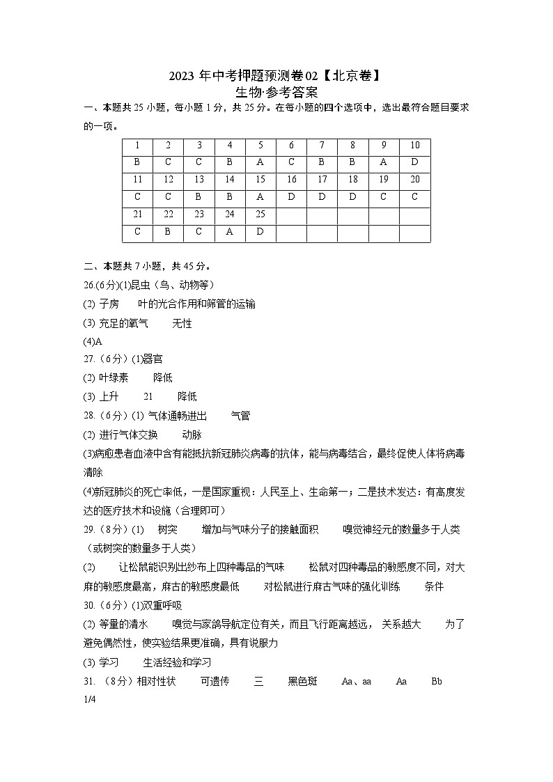 2023年中考押题预测卷02(北京卷)-生物(参考答案,需带分值)第1页