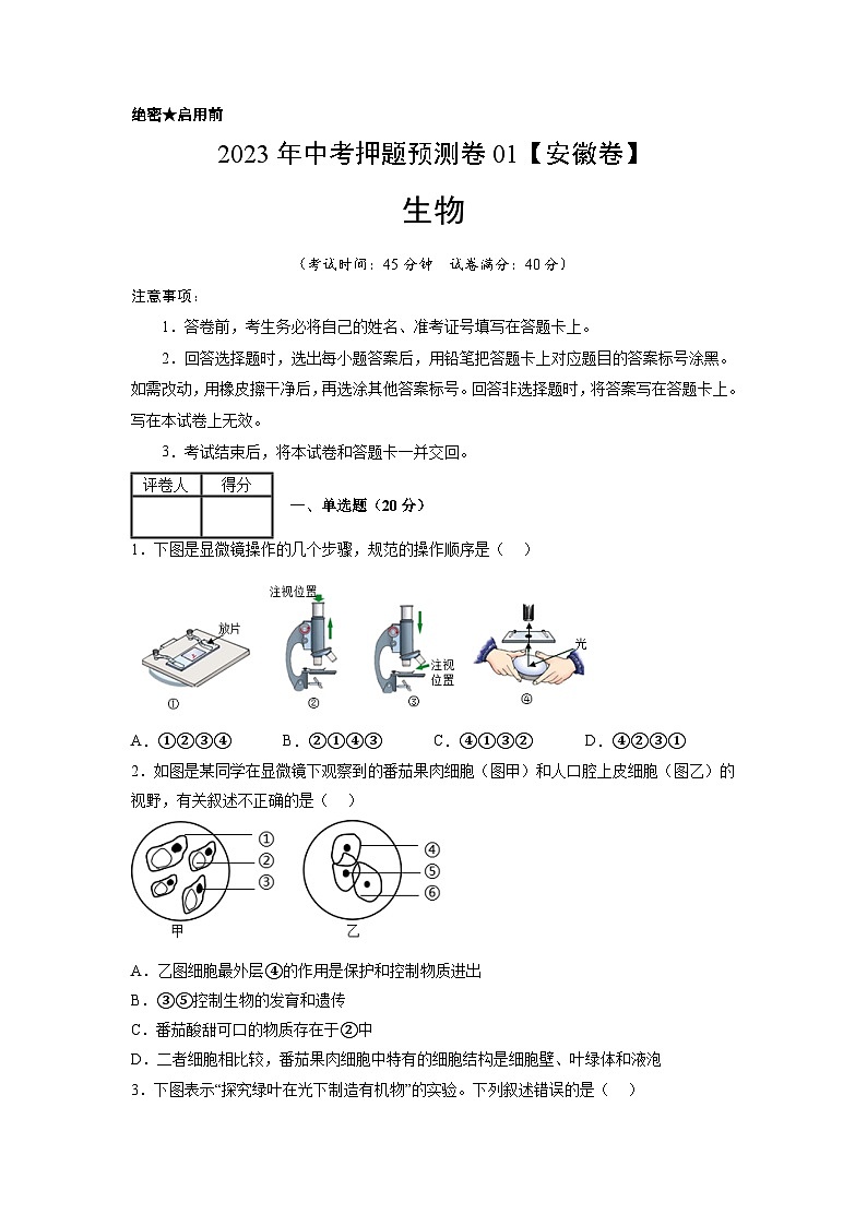 2023年中考押题预测卷01(安徽卷)-生物(考试版)第1页