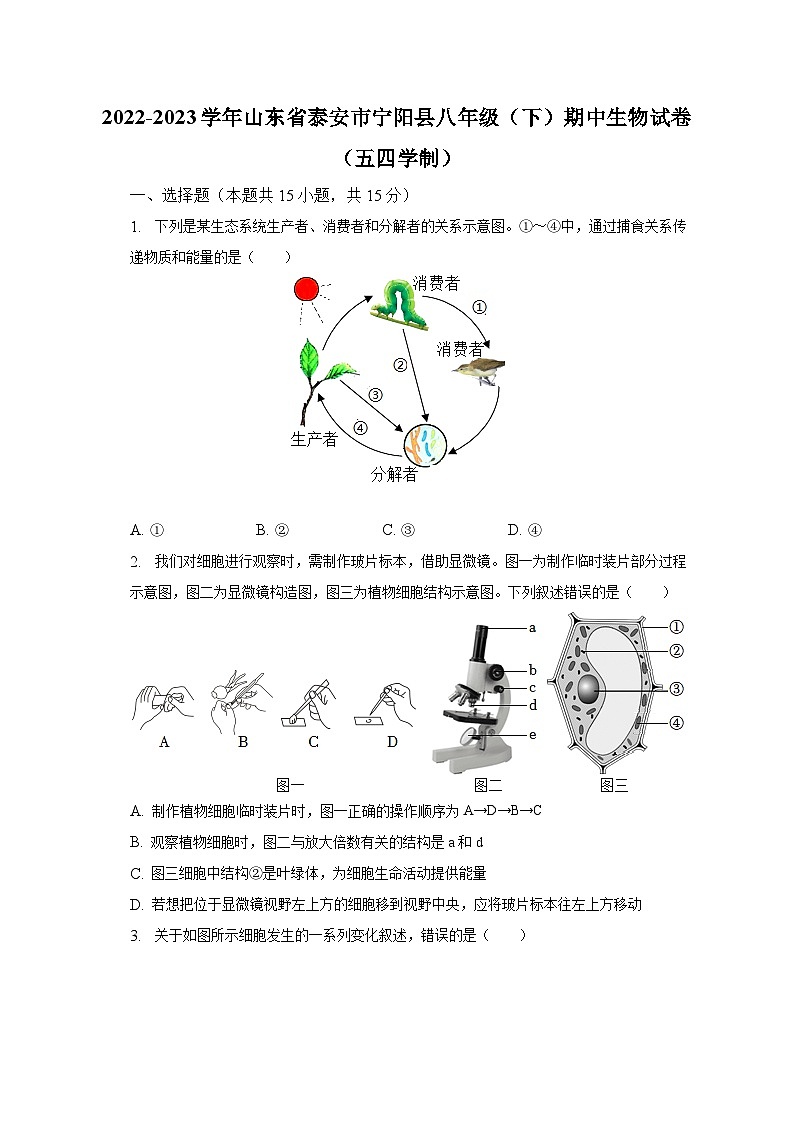 2022-2023学年山东省泰安市宁阳县八年级(下)期中生物试卷(五四学制)(含解析)第1页
