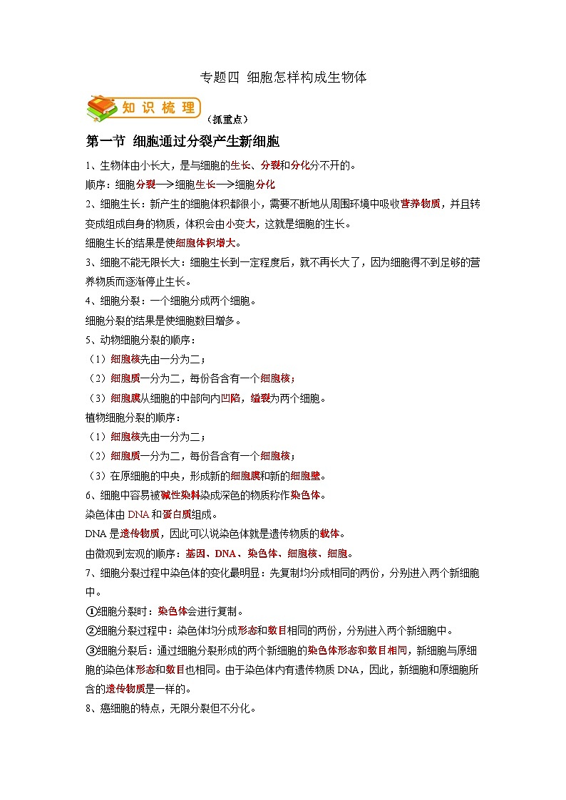 专题04 细胞怎样构成生物体-2022年中考生物一轮复习抓重点考典型(人教版)(原卷版)第1页