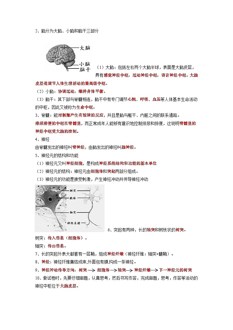 专题14 人体生命活动的调节-2022年中考生物一轮复习抓重点考典型(人教版)(原卷版)第3页