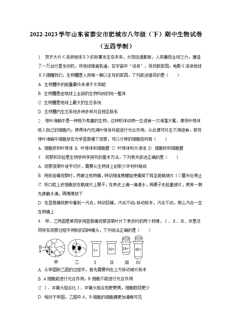 2022-2023学年山东省泰安市肥城市八年级（下）期中生物试卷（五四学制）（含解析）01