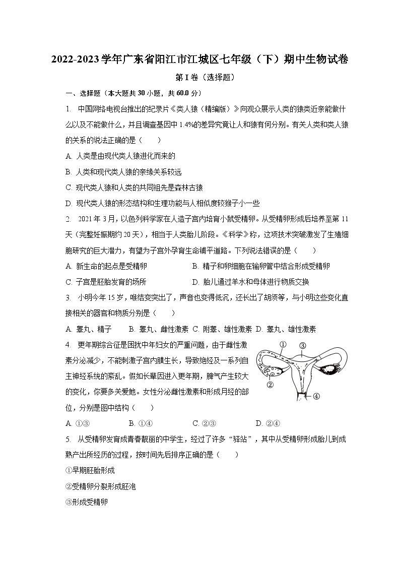 2022-2023学年广东省阳江市江城区七年级（下）期中生物试卷（含解析）01
