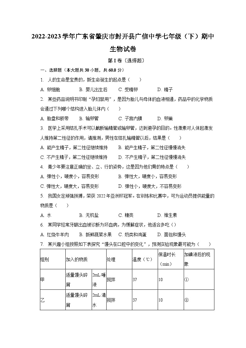 2022-2023学年广东省肇庆市封开县广信中学七年级(下)期中生物试卷(含解析)第1页