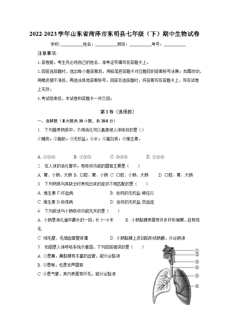 2022-2023学年山东省菏泽市东明县七年级（下）期中生物试卷（含解析）01