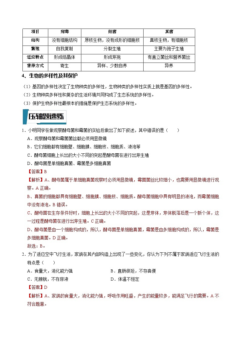 压轴题06 初中生物圈中的其他初中生物——2023年会考初中生物压轴题特训学案02