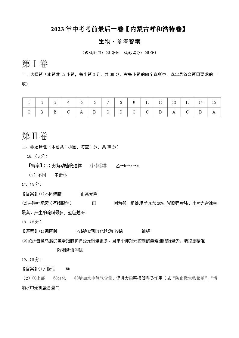 2023年会考初中生物考前押题卷（内蒙古呼和浩特卷）（考试版+答题卡+全解全析+参考答案）01