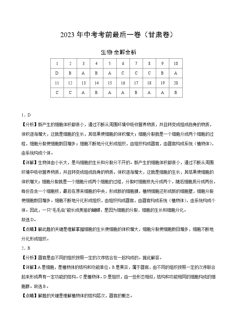 2023年会考初中生物考前押题卷（甘肃卷）（考试版+答题卡+全解全析+参考答案）01