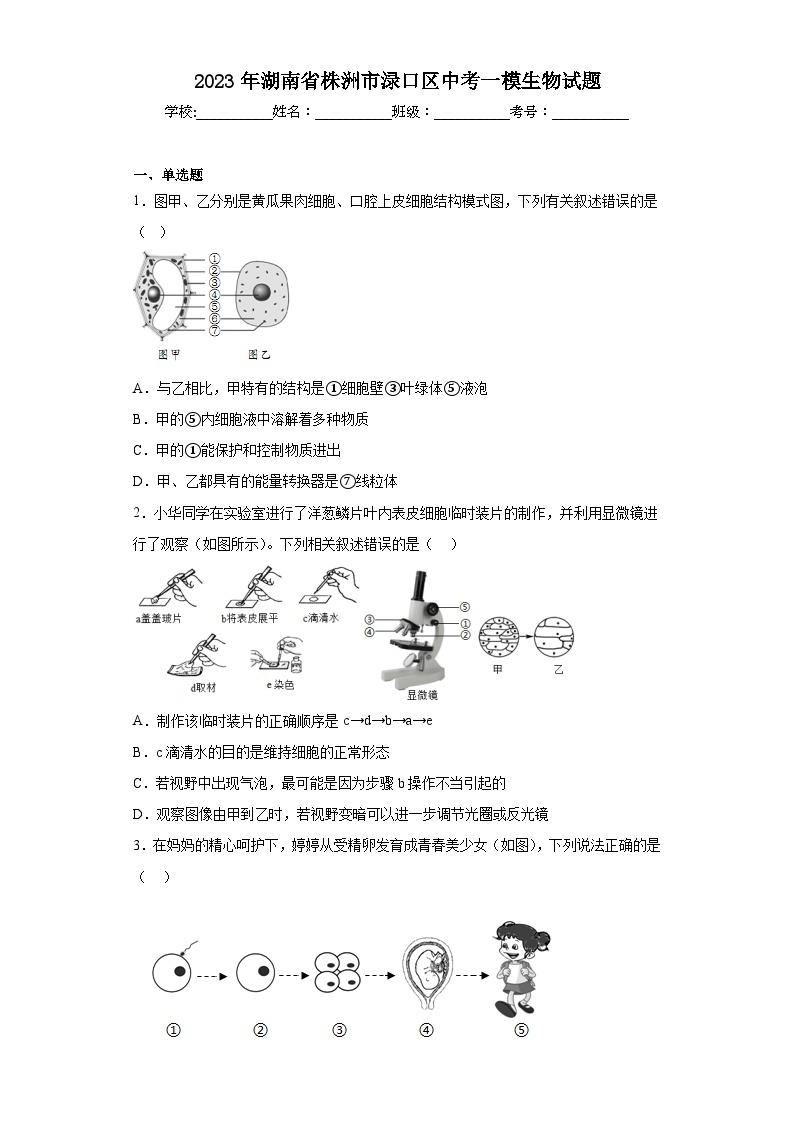 2023年湖南省株洲市渌口区中考一模生物试题（含答案）01