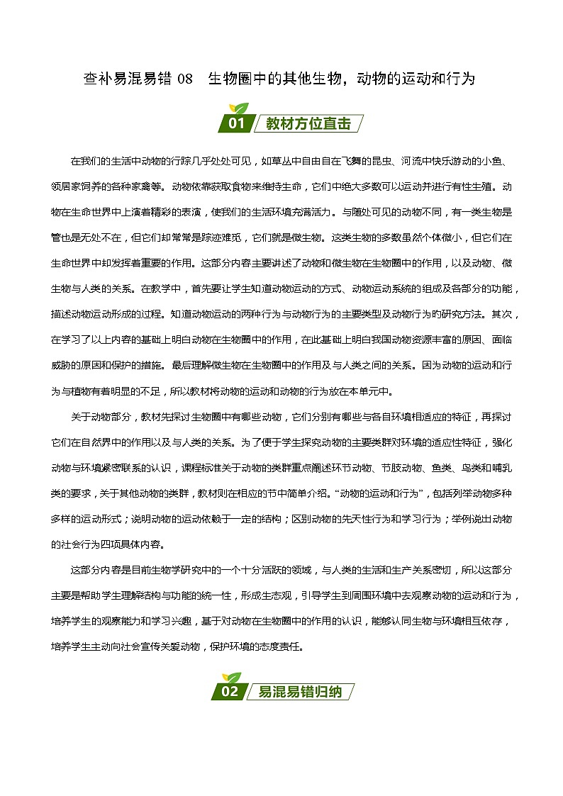 查补易混易错点08 生物圈中的其他生物,动物的运动和行为-【查漏补缺】2023年中考生物三轮冲刺过关 试卷01
