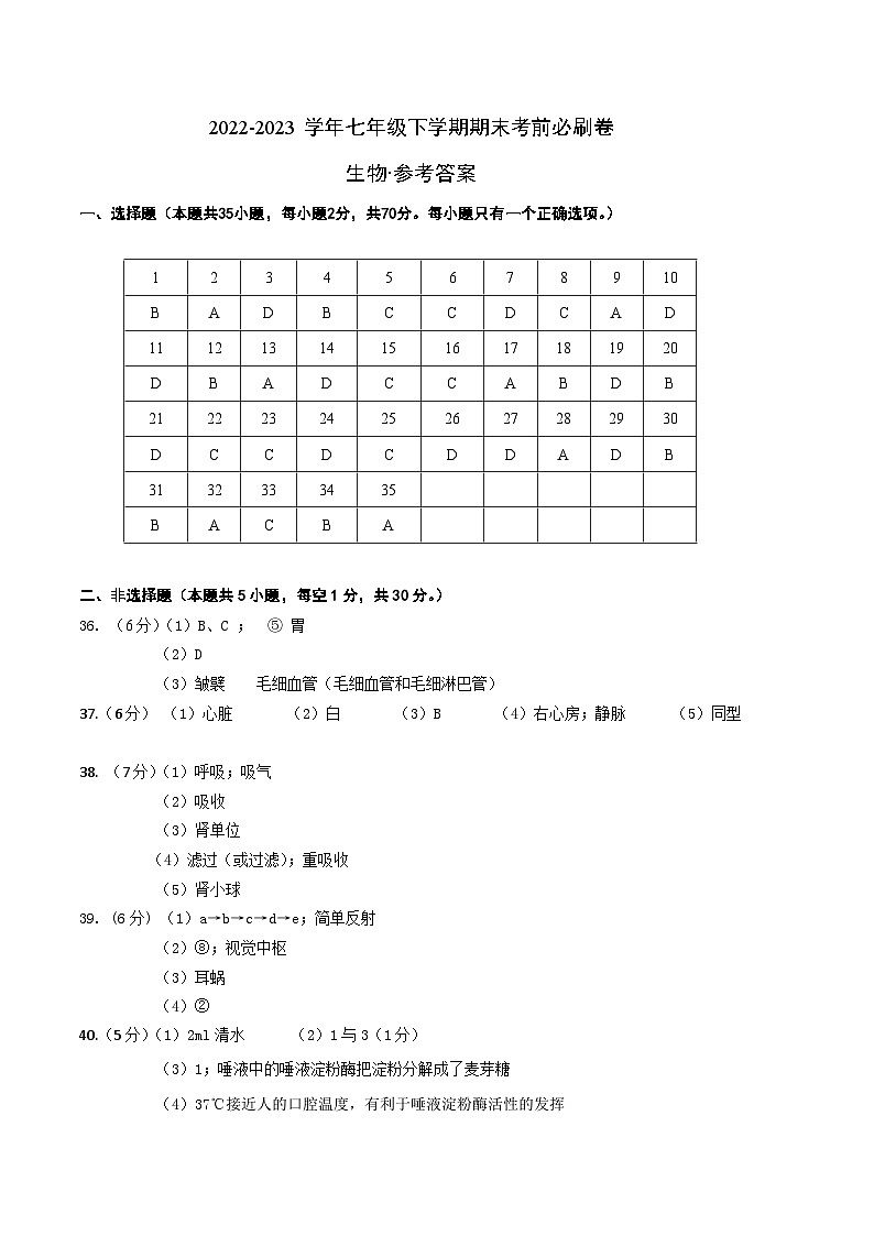 生物02卷(人教版七年级下册)(参考答案)第1页