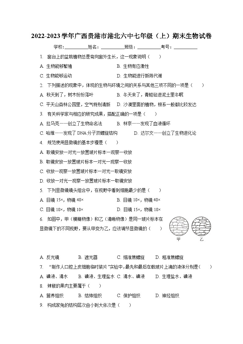 2022-2023学年广西贵港市港北六中七年级(上)期末生物试卷(含解析)第1页