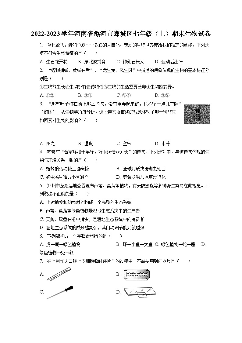2022-2023学年河南省漯河市郾城区七年级（上）期末生物试卷（含解析）01