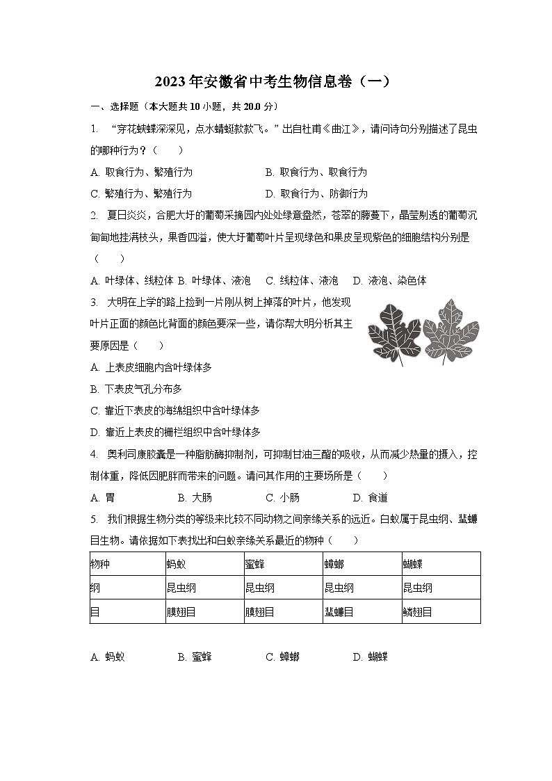 2023年安徽省中考生物信息卷(一)(含解析)01