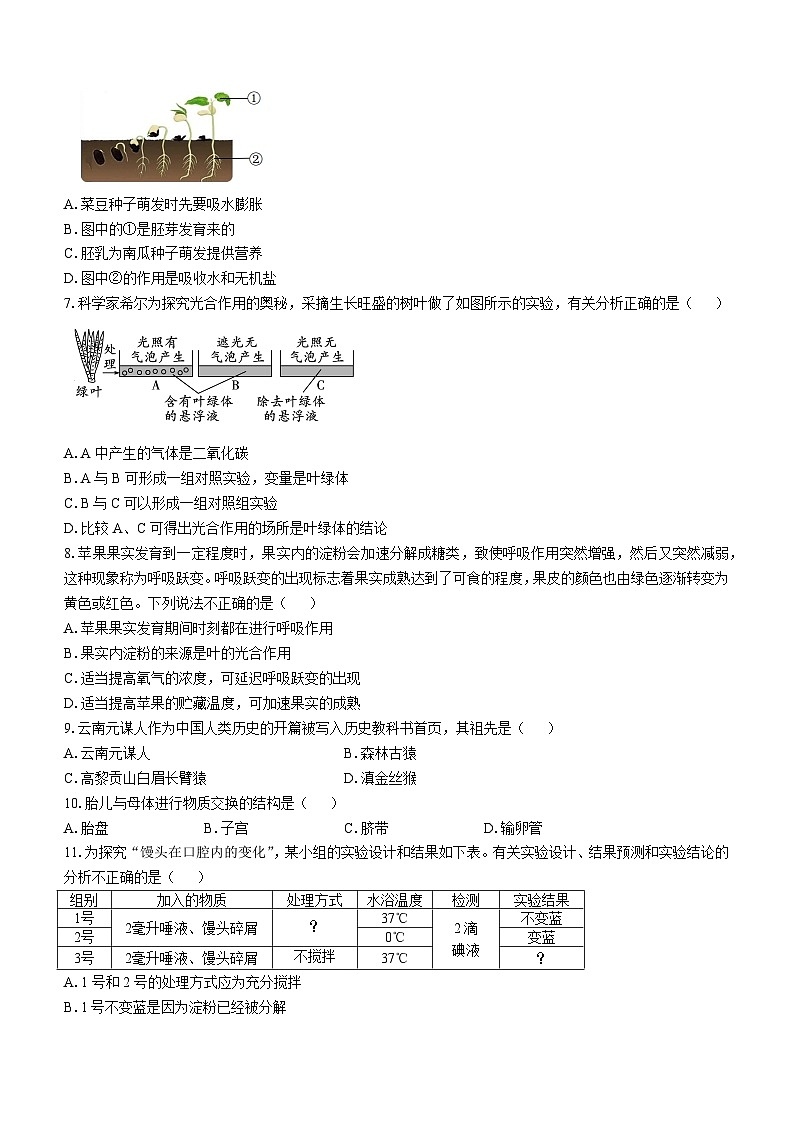 2023年云南省安宁市中考一模生物试题(含答案)第2页