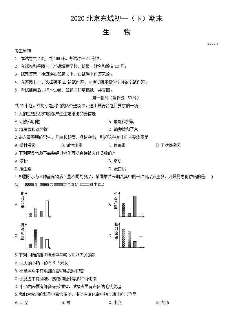 2020北京东城初一(下)期末生物(教师版)第1页