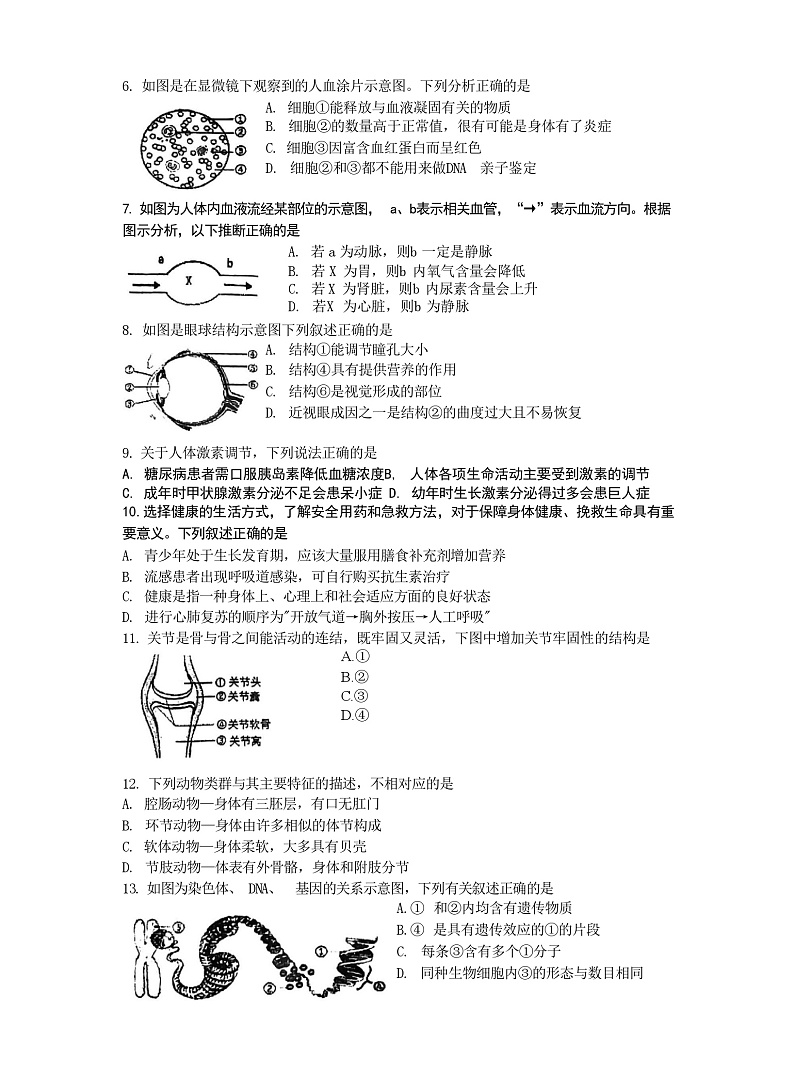 2023年江苏省连云港市新海初级中学生物中考第二次模拟测试试题(含答案)第2页