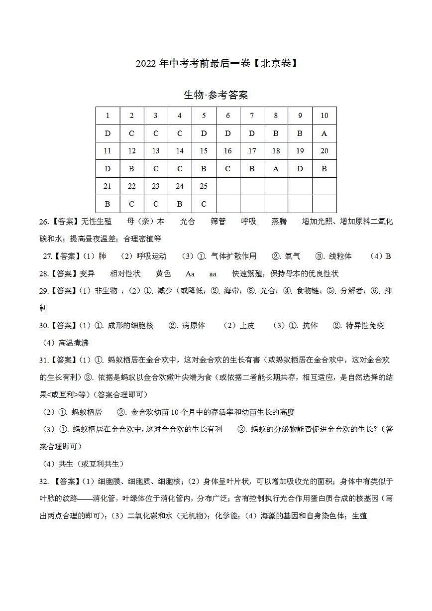 生物-（北京卷）2022年中考考前最后一卷（參考答案）第1頁