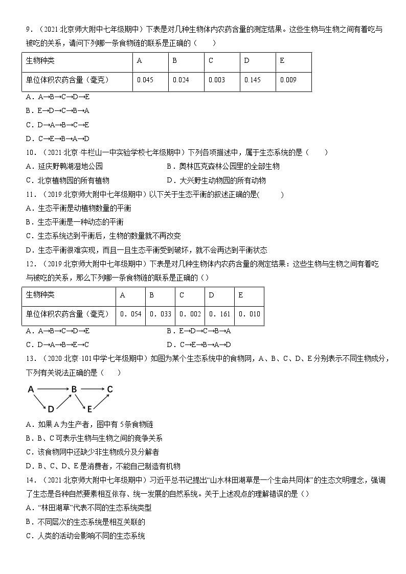 2019-2021北京重点校初一（上）期中生物汇编：生物与环境组成生态系统 试卷02