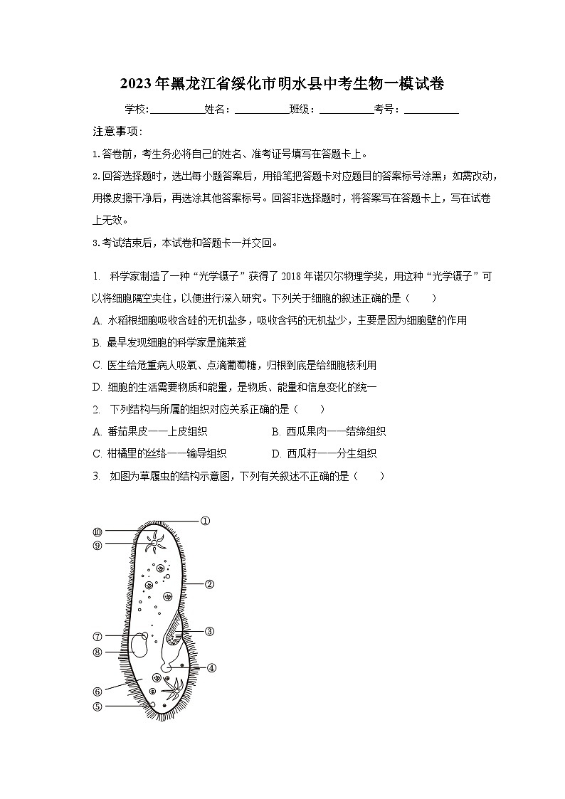 2023年黑龍江省綏化市明水縣中考生物一模試卷(含解析)第1頁(yè)