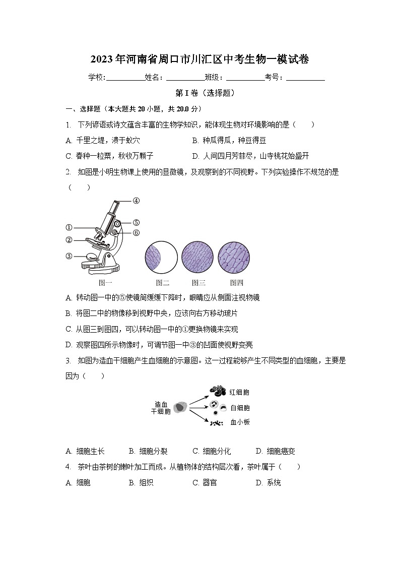 2023年河南省周口市川汇区中考生物一模试卷(含解析)第1页