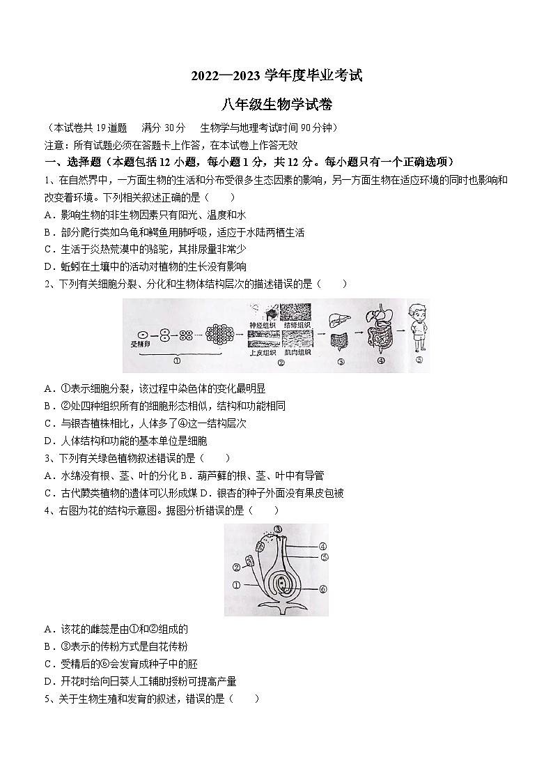 2023年辽宁省丹东市凤城市毕业考试暨中考二模生物试题(含答案)第1页