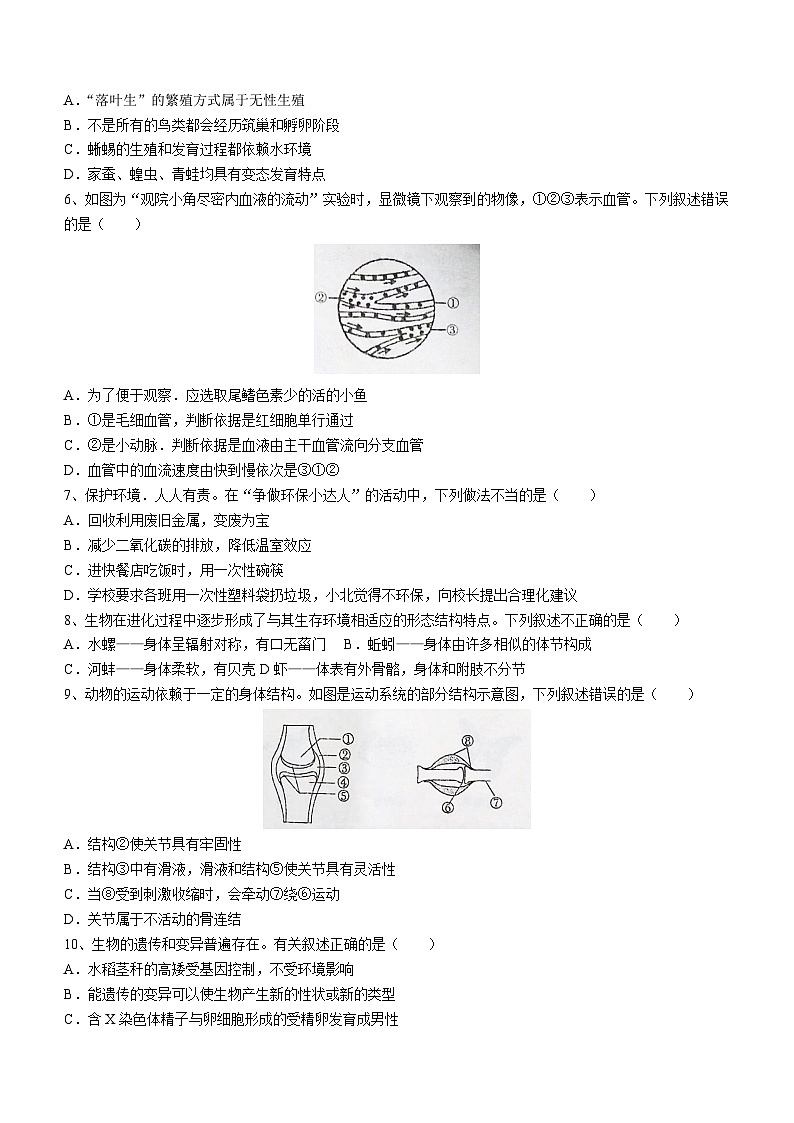 2023年辽宁省丹东市凤城市毕业考试暨中考二模生物试题(含答案)第2页