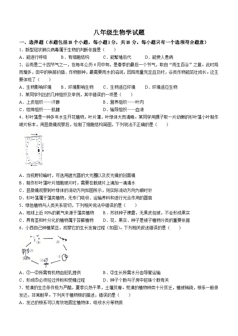 2023年山东省淄博市沂源县二模生物试题(含答案)01