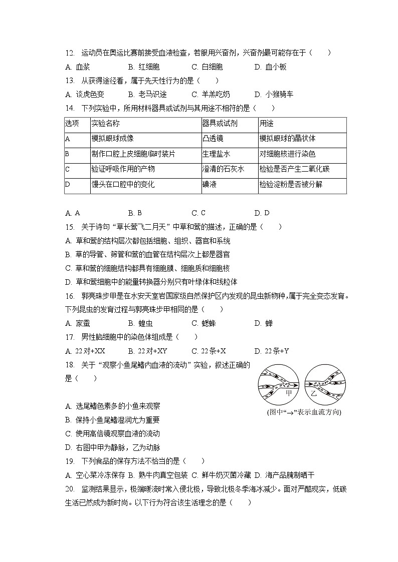 2023年福建省三明市中考生物二模试卷(含答案解析)第2页