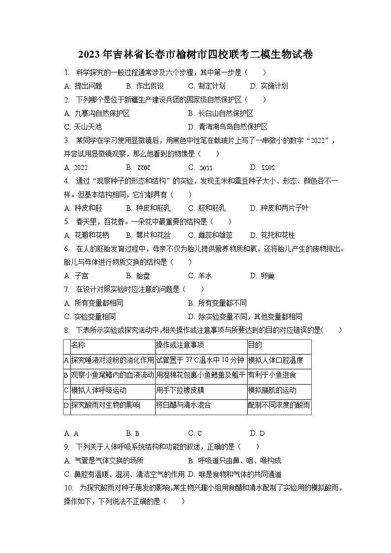 2023年吉林省长春市榆树市四校联考二模生物试卷(含答案解析)01